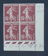 Semeuse 15 C. Brun 189 En Bloc De 4 Coin Daté - 1906-38 Sower - Cameo