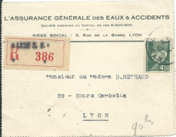 FRANCE LETTRE RECOMMANDEE 4F50 LYON ( RHONE ) POUR LYON DE 1948  LETTRE COVER - 1921-1960: Période Moderne