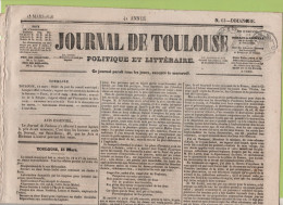 JOURNAL DE TOULOUSE 11 03 1846 - BANQUET OFFERT FELIBRE JASMIN - FOSSILES COLLINE DE SANSAN - GIVORS - POLOGNE CRACOVIE - 1800 - 1849