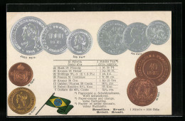 AK Brasilien, Münz-Geld, Wechselkurstabelle, Nationalflagge  - Münzen (Abb.)