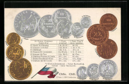 AK Chile, Währungstabelle, Geldmünzen Und Nationalflagge  - Coins (pictures)