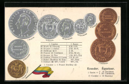 AK Ecuador, Münzen Aus Ecuador, Sucres Und Centavos Mit Wechselkurs Und Nationalflagge  - Monedas (representaciones)