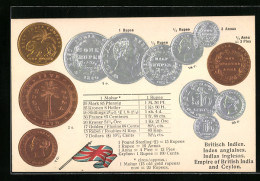 Präge-AK Britisch Indien, Münzen Rupee Und Anna Mit Flagge  - Monnaies (représentations)
