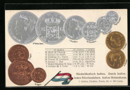 Präge-AK Niederländisch Indien, Gulden Und Cent Münzen, Flagge  - Münzen (Abb.)
