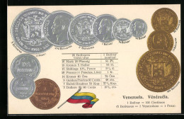 Präge-AK Venezuela, Peso Und Bolivar Münzen, Flagge  - Münzen (Abb.)