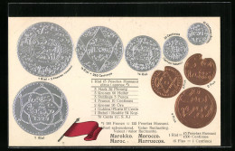 AK Marokko, Versch. Geldstücke, Rial, Centimos, Fahne  - Coins (pictures)