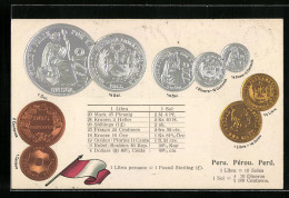 AK Peru, Währungstabelle, Geldmünzen Und Nationalflagge  - Monedas (representaciones)