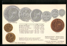 AK Englische Kolonie Transvaal, Münz-Geld, Währungstabelle  - Monete (rappresentazioni)