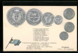 AK Geld, Uruguay, Landesflagge, Übersicht Münzen Der Landeswährung Peso Und Centesimos  - Monedas (representaciones)