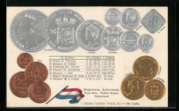 AK Geld, Niederlande, Landesflagge, Übersicht Münzen Der Landeswährung Gulden Und Cent  - Münzen (Abb.)