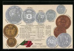 Präge-AK Portugal, Münzen Centavos Und Escudos Und Flagge  - Monnaies (représentations)