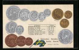 AK Verschiedene Geld-Münzen Von Schweden, Mit Währungsumrechner Und Nationalflagge  - Münzen (Abb.)