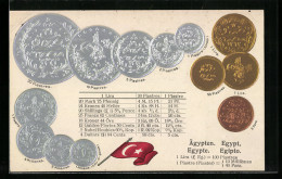 AK Ägypten, Geldmünzen, Wechselkurstabelle, Nationalflagge  - Monete (rappresentazioni)