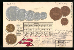 Lithographie Dänemark, Münzenkarte, Münzen Und Nationalflagge  - Monnaies (représentations)