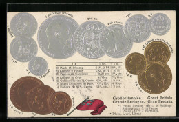 AK Grossbritannien, Münz-Geld, Währungstabelle, Nationalflagge  - Coins (pictures)