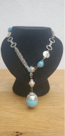 COLLIER CHAINE VINTAGE 60'S MULTI CHAINES + PERLES TURQUOISE AVEC 36 STRASS SWAROVSKI BIJOU DE CREATRICE DE MODE - Kettingen