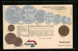 Präge-AK Niederlande, Information über Internationales Münzwesen Und Nationalflagge  - Monedas (representaciones)