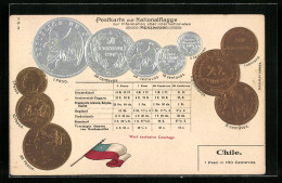 AK Chile, Geldmünzen Und Nationalfahne Des Landes  - Monedas (representaciones)