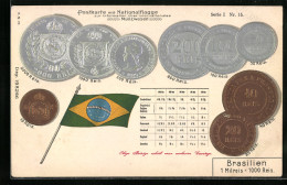 AK Brasilien, Geldmünzen Mit Umrechnungstabelle, Nationalflagge  - Monedas (representaciones)