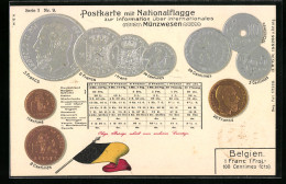 AK Belgien, Belgisches Geld, Münzen Verschiedenster Werte Und Grössen, Landesflagge  - Other & Unclassified