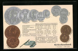 AK Griechenland, Münz-Geld, Währungstabelle, Nationalflagge  - Münzen (Abb.)