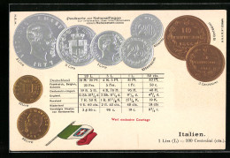 AK Italien, Umrechnungstabelle Mit Geldmünzen Und Nationalflagge  - Monedas (representaciones)