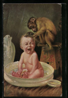 Künstler-AK Arno Von Riesen: Mich Laust Der Affe, Baby In Der Wasch-Schüssel Weint Bitterlich  - Riesen, Arno Von