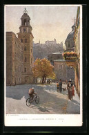 Künstler-AK Edward Theodore Compton: Salzburg, Glockenspiel Und Hauptwache Mit Radfahrer  - Compton, E.T.