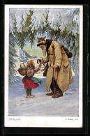 Künstler-AK Sign. F. Elssner: Rübezahl Im Schnee Mit Weberkind  - Fairy Tales, Popular Stories & Legends
