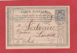 Estagel (Pyrenees Orientales) CàD Sur Type Sage  1877 Sur Carte Précurseur Vers Limoux - Tarjetas Precursoras