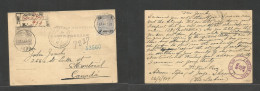 PORTUGAL-ANGRA. 1909 (27 Aug) Topo - Canada, Montreal Via Angra - Boston, Mass (27 Sept) Registered 20r Lilac Stat Card  - Sonstige & Ohne Zuordnung