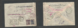 PALESTINE. 1949 (1 March) Gaza - Cairo - Antara (4 Febr) Registered Censored Multifkd Envelope, Red Overprinted Issue, T - Palestina