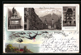 Vorläufer-Lithographie Innsbruck, 1895, Maria-Theresien-Strasse, Goldenes Dach, Schwalben Bringen Briefe  - Autres & Non Classés