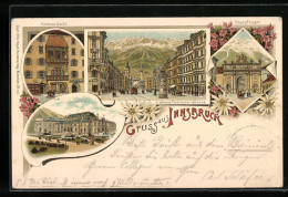 Vorläufer-Lithographie Innsbruck, 1895, Goldenes Dachl, Triumpfbogen, Stadtsäle  - Autres & Non Classés