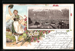 Vorläufer-Lithographie Innsbruck, 1895, Stadtansicht Gegen Berg Isel, Frau In Tracht  - Sonstige & Ohne Zuordnung
