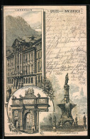 Vorläufer-Lithographie Innsbruck, 1894, Landhaus, Triumpfpforte, Rudolfsbrunnen  - Andere & Zonder Classificatie