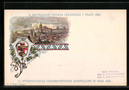 Lithographie Prag, II. Internationale Pharmaceutische Ausstellung 1896, Panorama  - Gesundheit