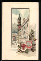 Passepartout-Lithographie Innsbruck, Herzog Friedrichstrasse Mit Goldenem Dachl, Wappen  - Sonstige & Ohne Zuordnung