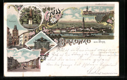 Lithographie Braunau Am Inn, Stadthaus, Palm Denkmal, Neue Innbrücke  - Autres & Non Classés