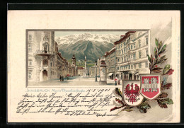 Passepartout-Lithographie Innsbruck, Maria Theresienstrasse Mit Litfasssäule, Wappen  - Autres & Non Classés