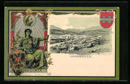 Lithographie Innsbruck, Ortsansicht Aus Der Vogelschau, Austria Mit Wappen  - Andere & Zonder Classificatie