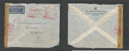 DUTCH INDIES. 1942 (30 Jan!) Batavia - USA, NYC. Comercial Machine Fkd Air Censored Envelope, Red Censor Cachet + Label. - Indes Néerlandaises