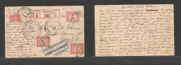 DUTCH INDIES. 1916 (20 March) WWI. Soerabaja - Belgium, Liege (9 June) Via Belgium Mil Mail. Registered 5c Red Stat Card - Netherlands Indies