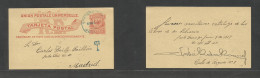 DOMINICAN REP. 1889 (7 March) Santo Domingo - Madrid, Spain. 2c Red Stat Card, Blue Cds + "T" Pmk. Rare Destination At T - Dominicaine (République)