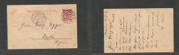 AUSTRIAN Levant. 1905 (17 July) Turkey, Mersina - Jaffa, Palestine (25 July) 20 Par Ovptd Pink Stationary Card. Very Sca - Sonstige & Ohne Zuordnung
