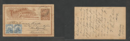 URUGUAY. 1900 (8 March) Montevideo - Germany, Stuttgart. 2c Brown / Yellow Stat Card + 2 Adtls, Tied Cds. VF. - Uruguay