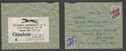 PERU. C. 1938. Chimbote - Lima. Fkd Envelope, Boxed "Fuera De Valija" (xxx/R) With Reverse Label "Expreso Noroeste Gria" - Pérou