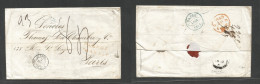 PERU. 1855 (25 July) Lima - Paris, France (7 Sept) Via "Vapor Lima" Blue Cachets - London (6 Sept) + Various Mns Charges - Perù