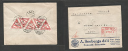 LATVIA. 1936 (9 Nov) Riga Dz St - Germany, Jena (10 Nov) Registered Comercial Reverse Multifkd Triangular Air Issue Enve - Letonia