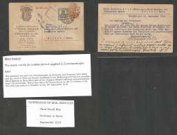 LEBANON. 1918 (16 Aug) Germany, Dresden - Lebanon, Beyrouth. Illustrated Germania Stat Card + Adtl, Tied Cds + Turkish C - Lebanon